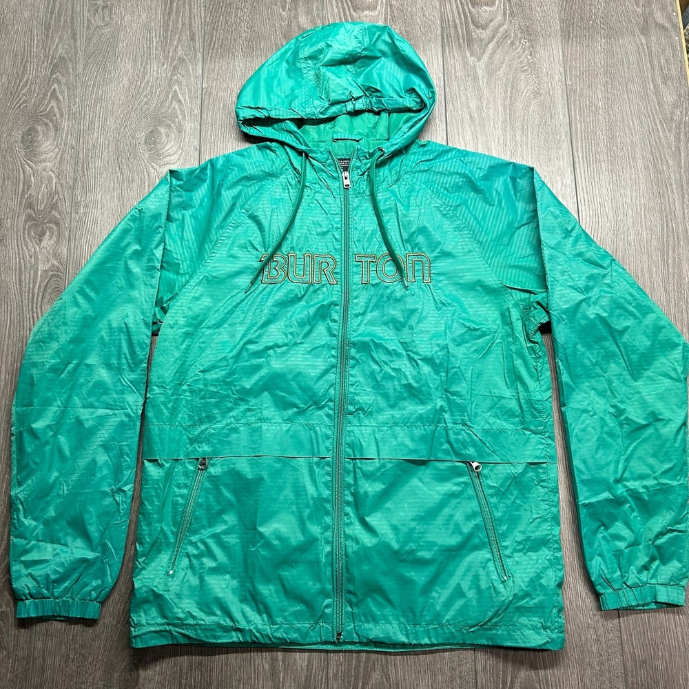 Burton Mens Green Hooded Windbreaker Large Full Zip Jacket Embroidered Logo